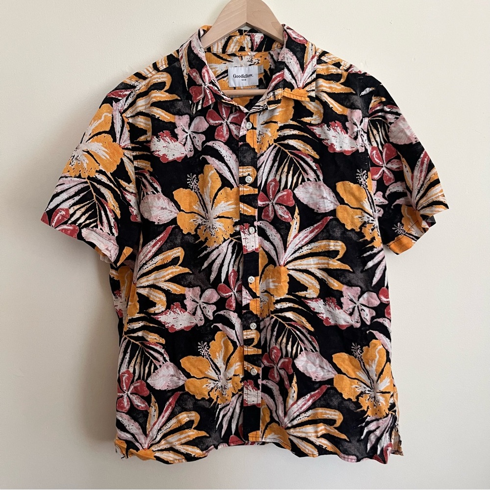 Goodfellow 100% Cotton Hawaiian Tropical Floral Hawaii Shirt Black Orange L